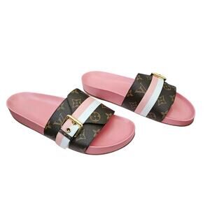 Louis Vuitton Bom Dia Flat Slide Mule Sandal Brown Pink LV Monogram Size 40 US10